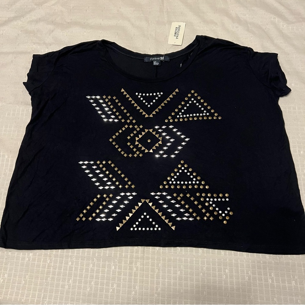 Women’s Black Crew Neck Over Sized Short Sleeve Top With Metal Details Size S